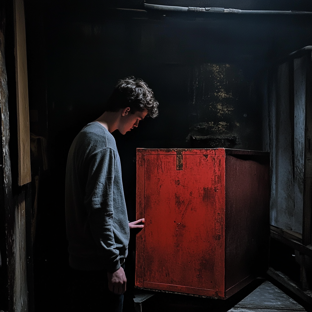 Jeune homme ouvrant une grande et vieille boîte rouge au sous-sol | Source : Midjourney