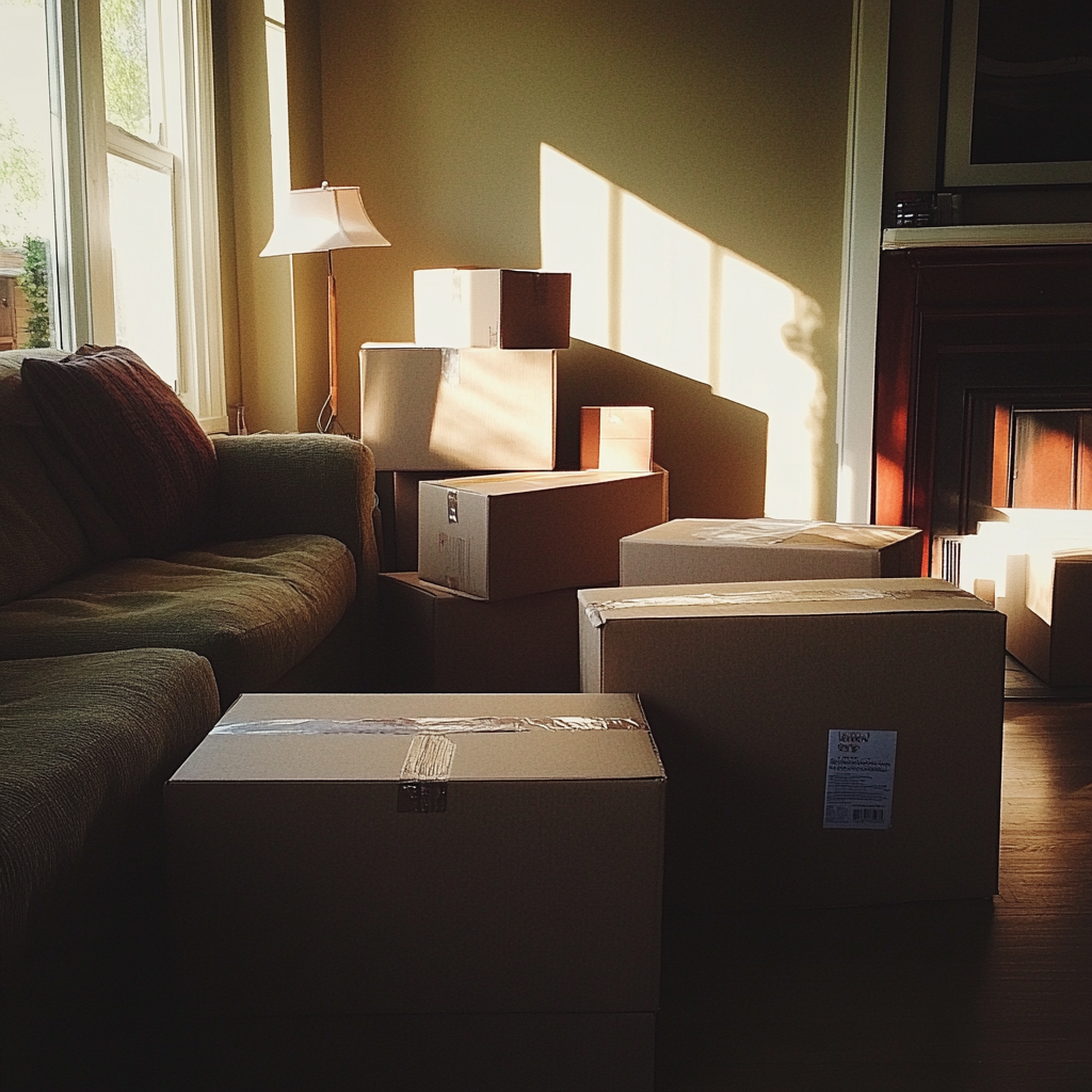 Boîtes en carton dans un salon | Source : Midjourney