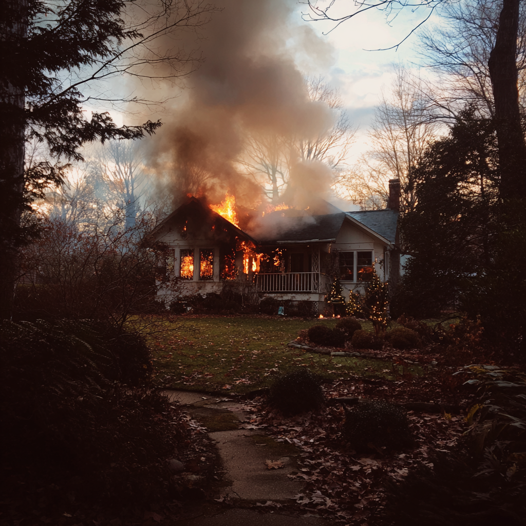 L'extérieur d'une maison en feu | Source : Midjourney