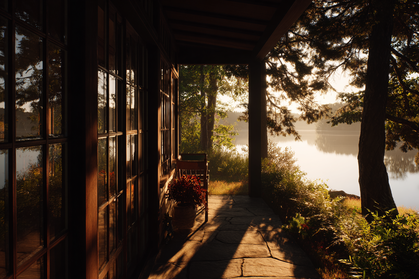 Fenêtres d'une maison au bord d'un lac | Source : Midjourney