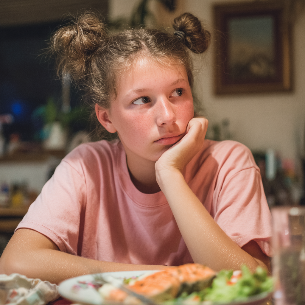 Une fille assise à une table | Source : Midjourney