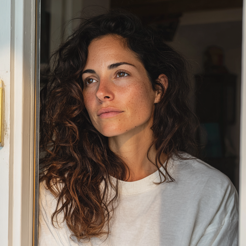 Une femme debout devant une porte d'entrée | Source : Midjourney