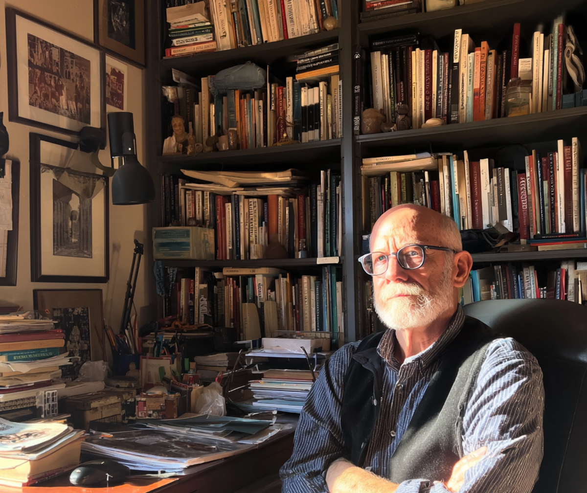 Un homme sévère assis à son bureau | Source : Midjourney