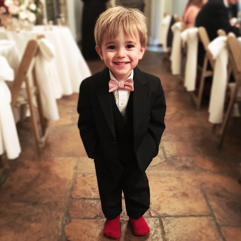 Un petit garçon souriant portant un costume noir et des chaussettes rouges | Source : Midjourney