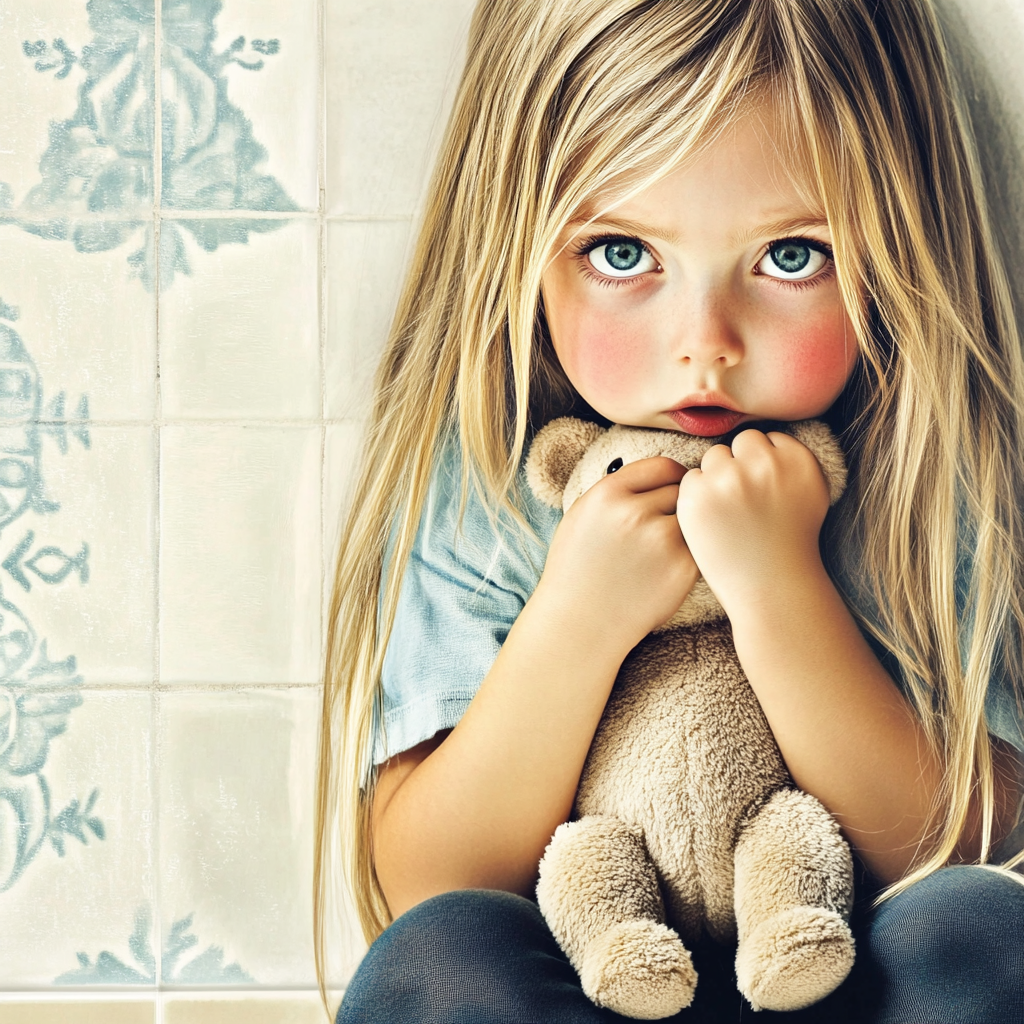 Une petite fille terrifiée serrant son ours en peluche | Source : Midjourney