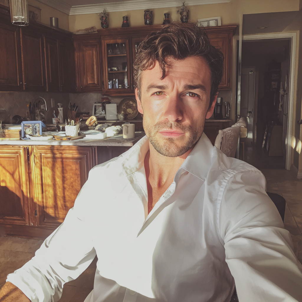 Un homme assis à une table, vêtu d'une chemise blanche | Source : Midjourney