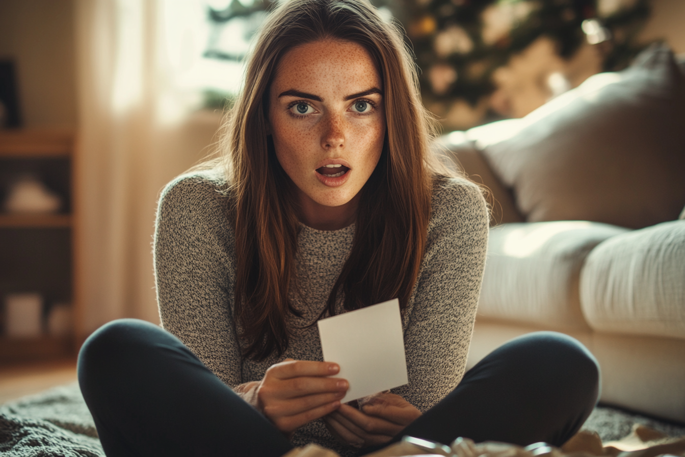 Une femme fixe une étiquette de cadeau en état de choc | Source : Midjourney