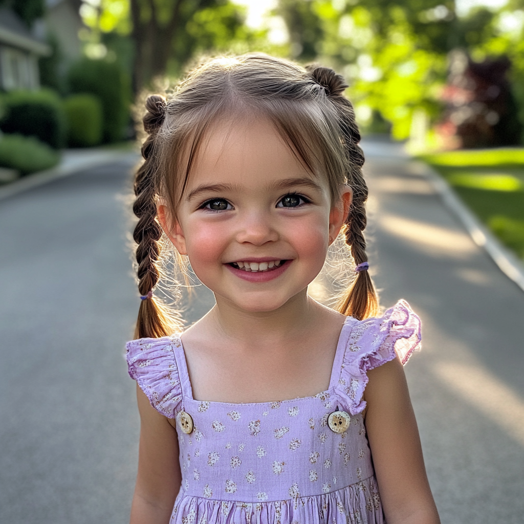 Une petite fille souriante vêtue d'une robe lilas | Source : Midjourney