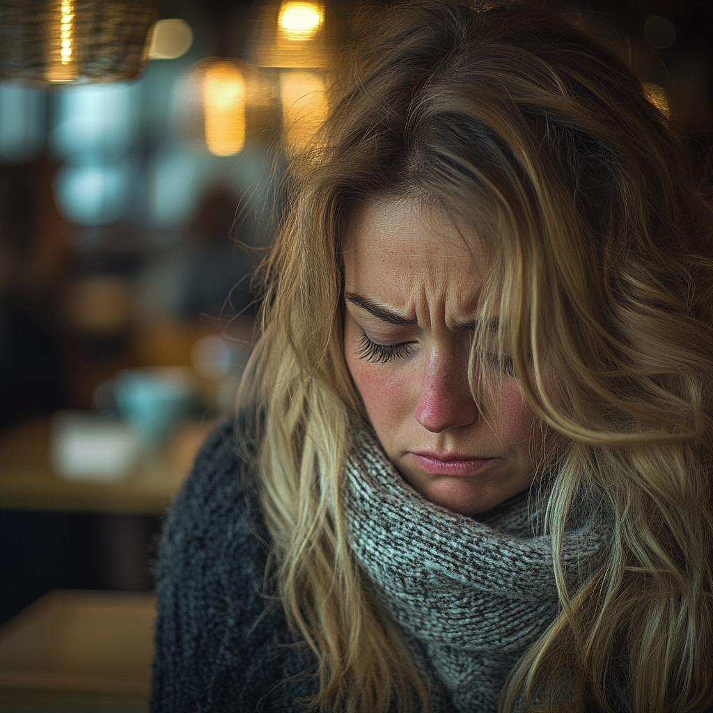 Une femme extrêmement triste assise dans un café | Source : Midjourney