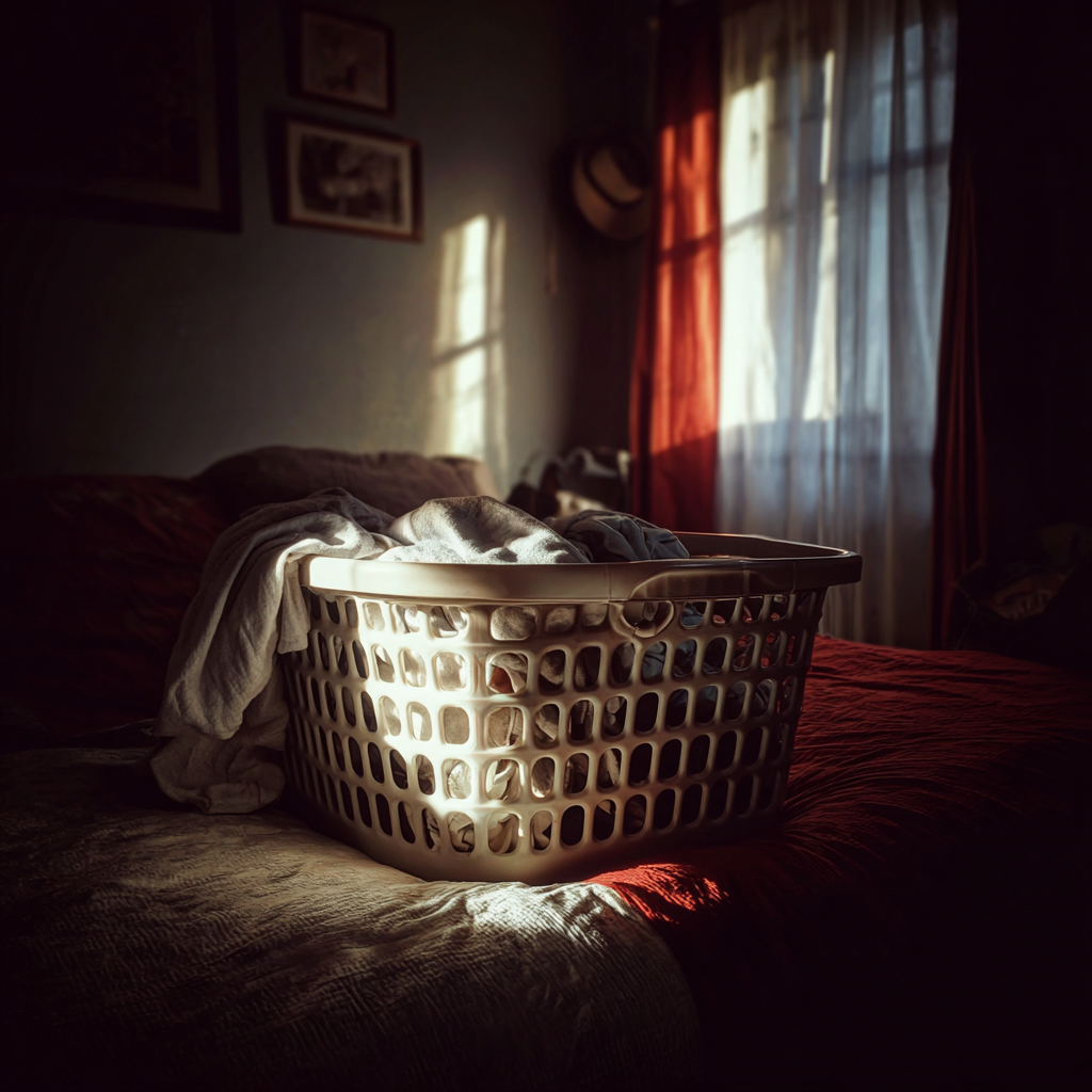 Un panier à linge sur un lit | Source : Midjourney