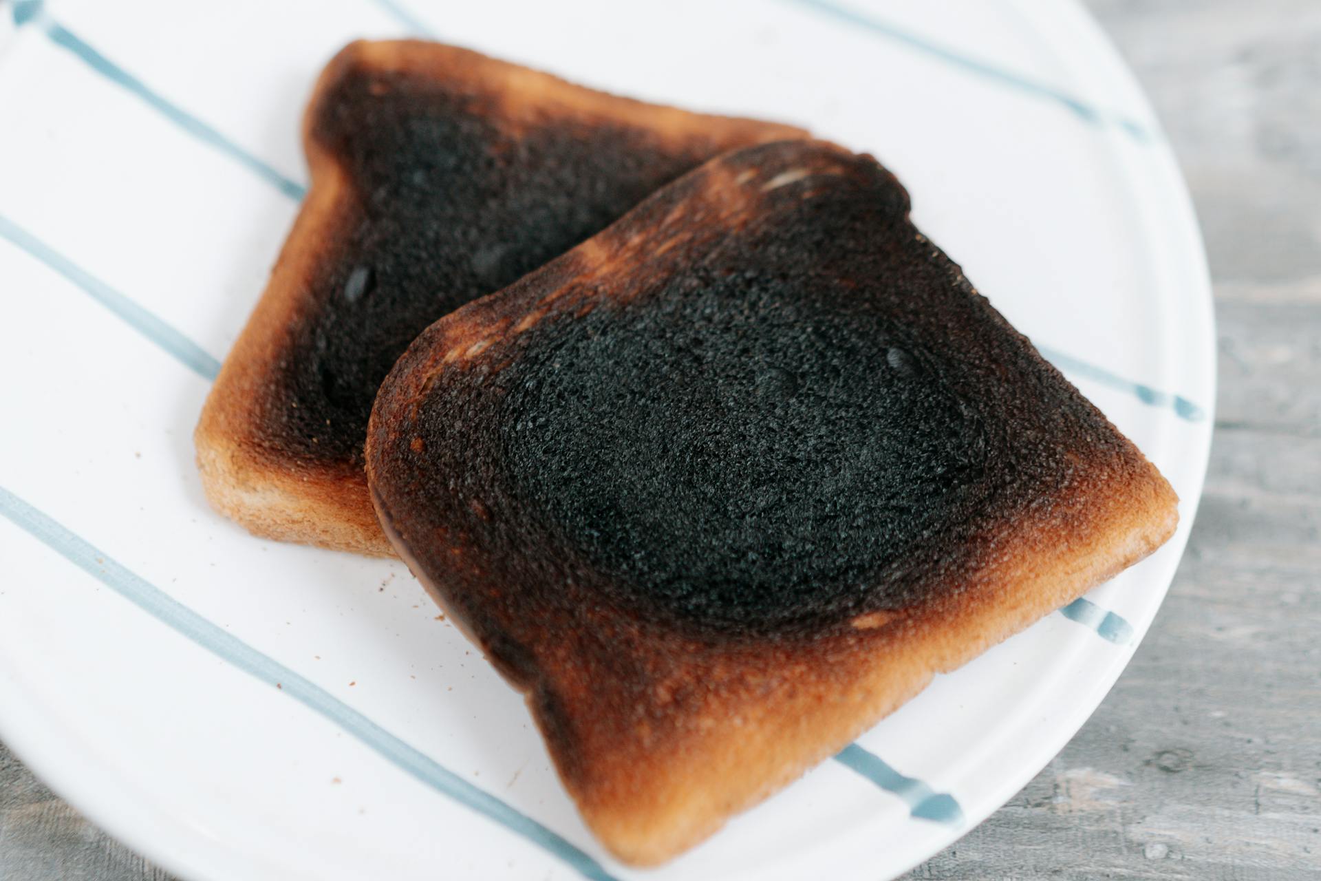 Deux tranches de pain grillé brûlées sur une assiette en céramique | Source : Pexels