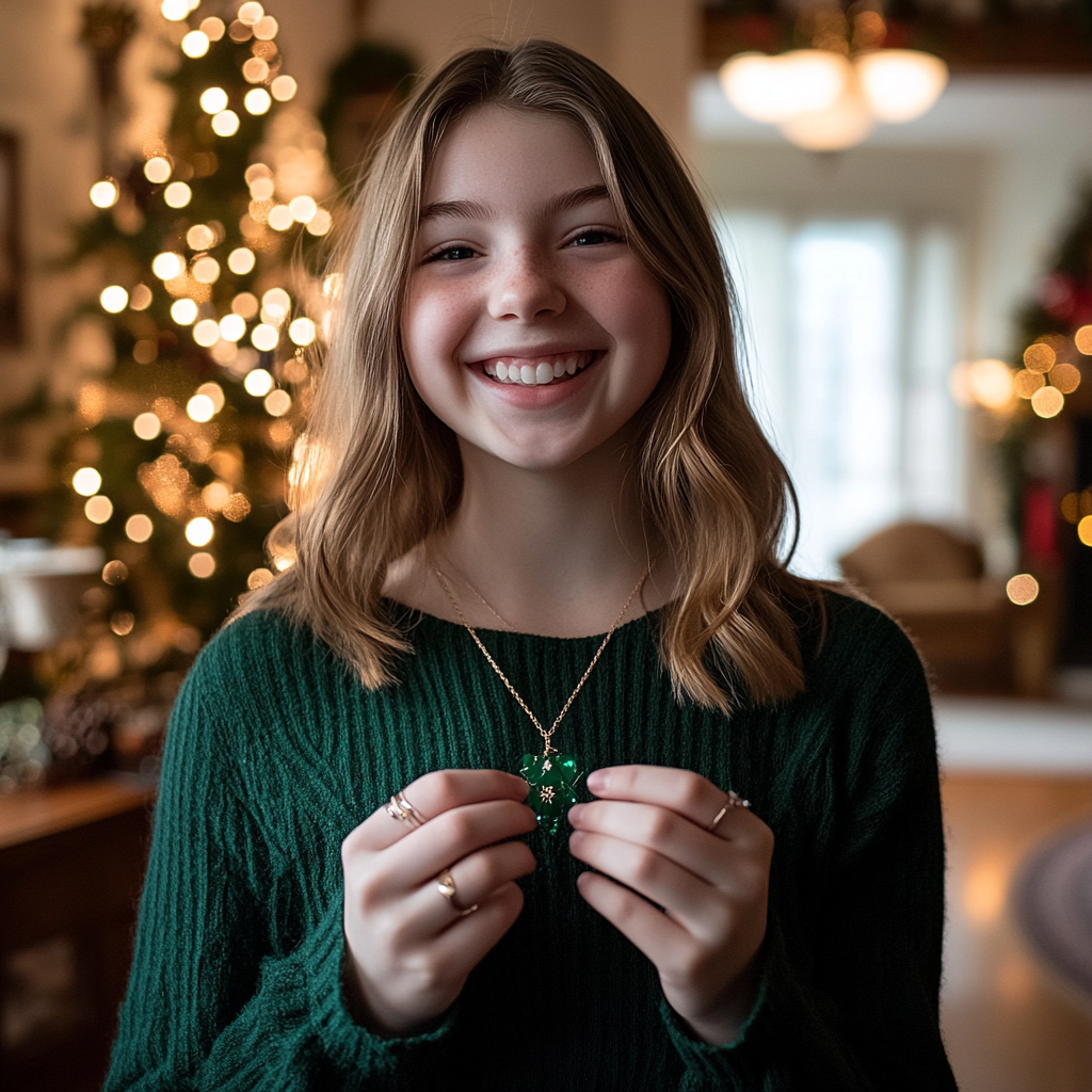Une jeune fille souriante portant un collier d'émeraudes | Source : Midjourney