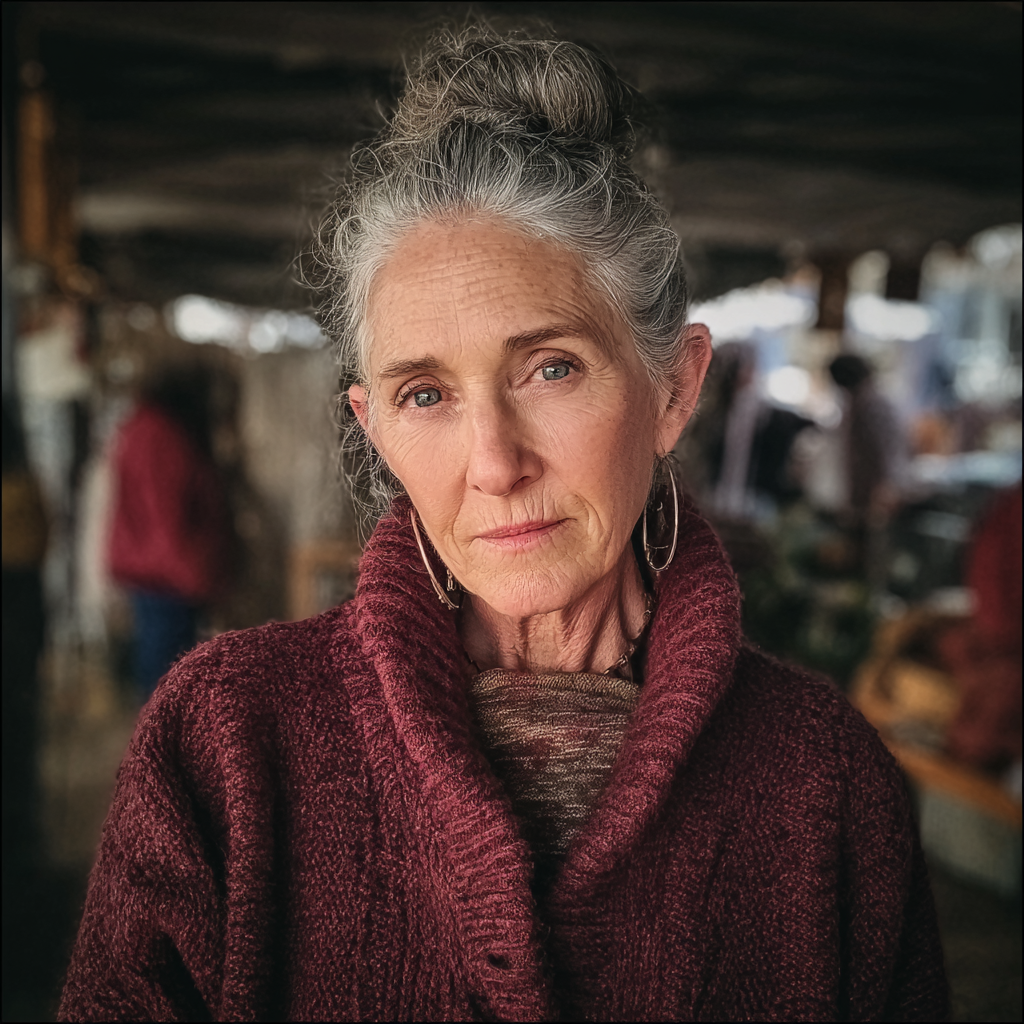 Une vieille femme inquiète se tenant dans un marché aux puces | Source : Midjourney