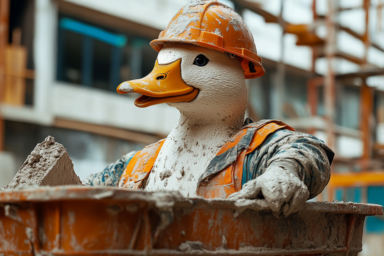 Un canard en uniforme d'ouvrier du bâtiment travaillant comme plâtrier | Source : Midjourney