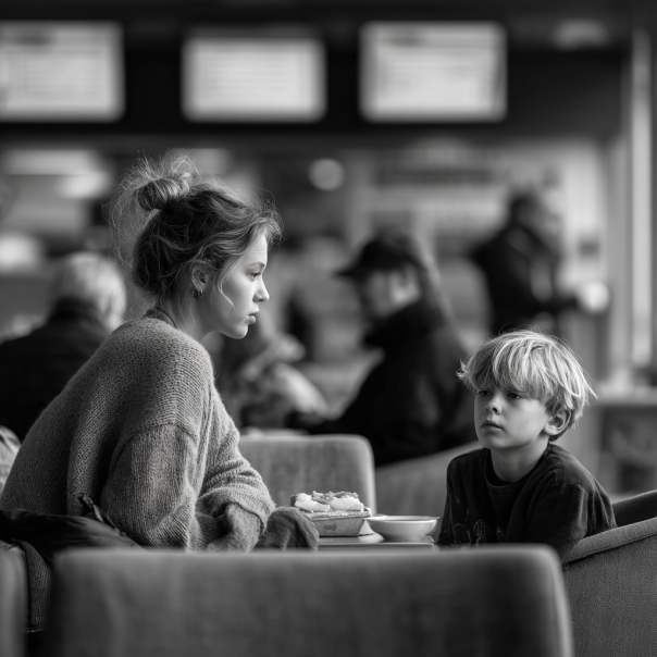 Une femme et un garçon assis dans une salle d'attente | Source : Midjourney