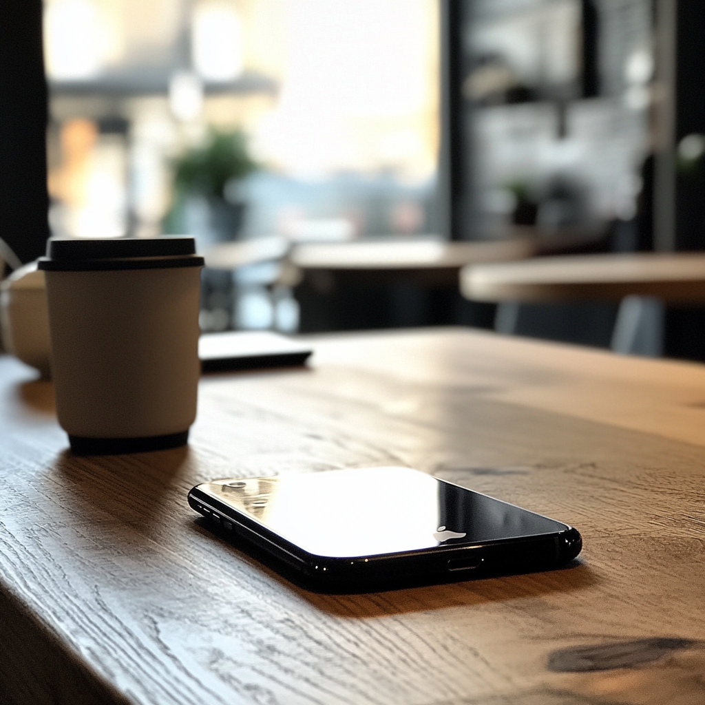 Une tasse et un téléphone portable posés sur une table | Source : Midjourney