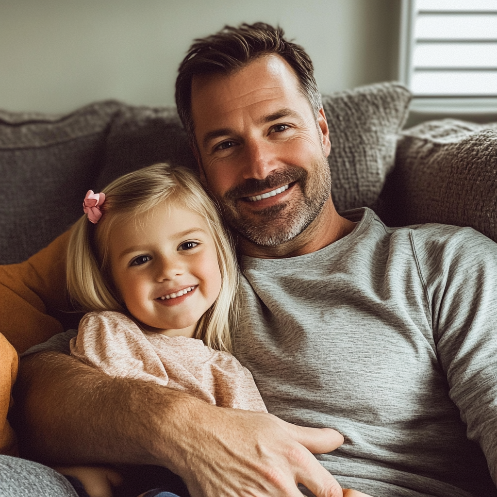 Un père et sa fille assis sur un canapé | Source : Midjourney