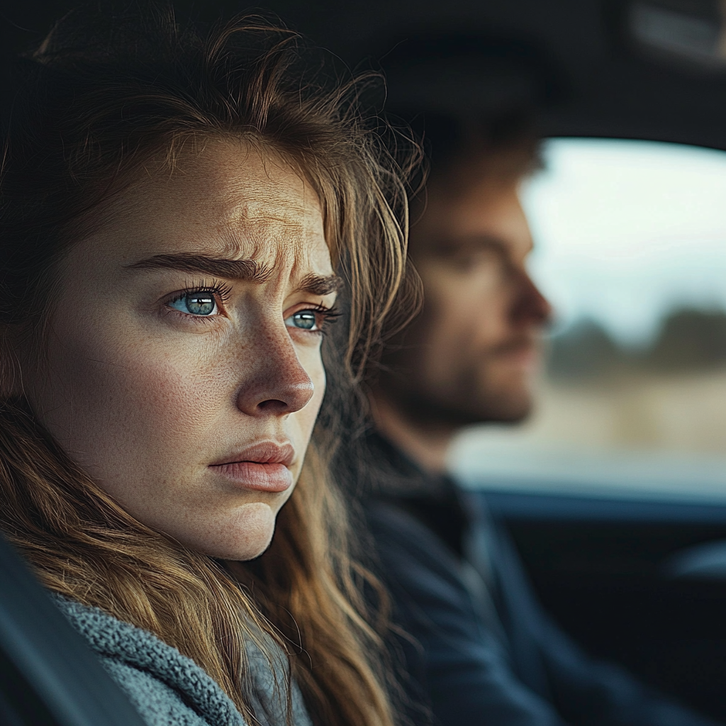 Une femme triste qui regarde par la fenêtre de la voiture | Source : Midjourney