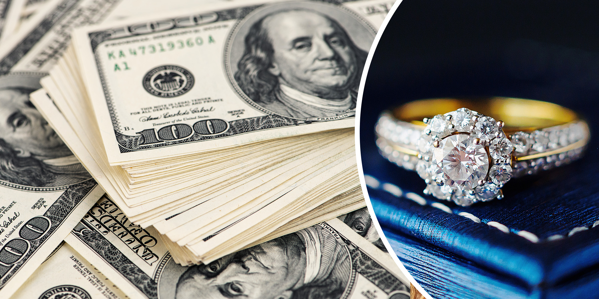 Des billets d'un dollar et une bague en diamant très chère | Source : Shutterstock
