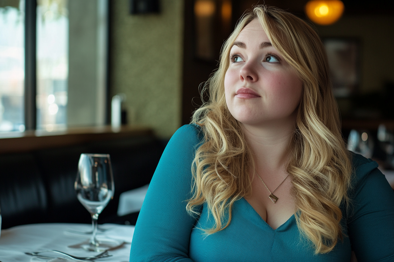 Une femme assise à une table dans un restaurant | Source : Midjourney