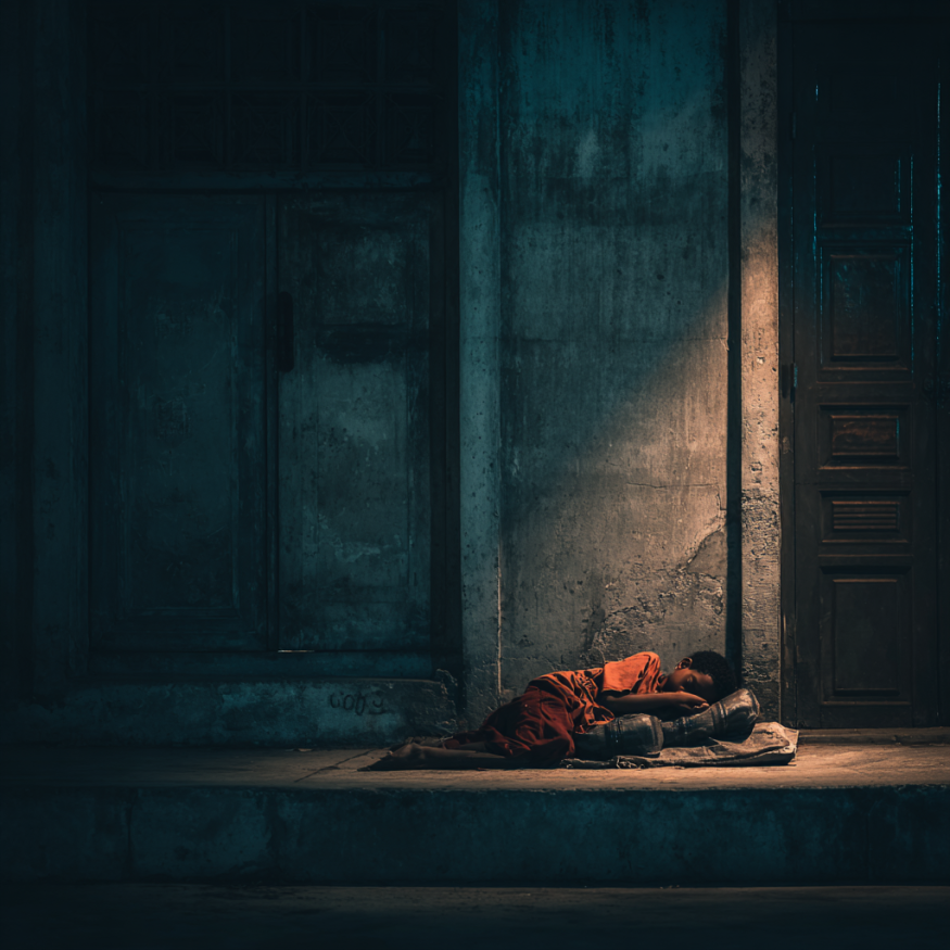 Un garçon qui dort dans la rue | Source : Midjourney
