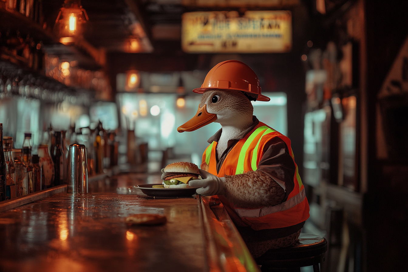 Un canard en uniforme d'ouvrier du bâtiment assis à un bar en train de manger un sandwich | Source : Midjourney