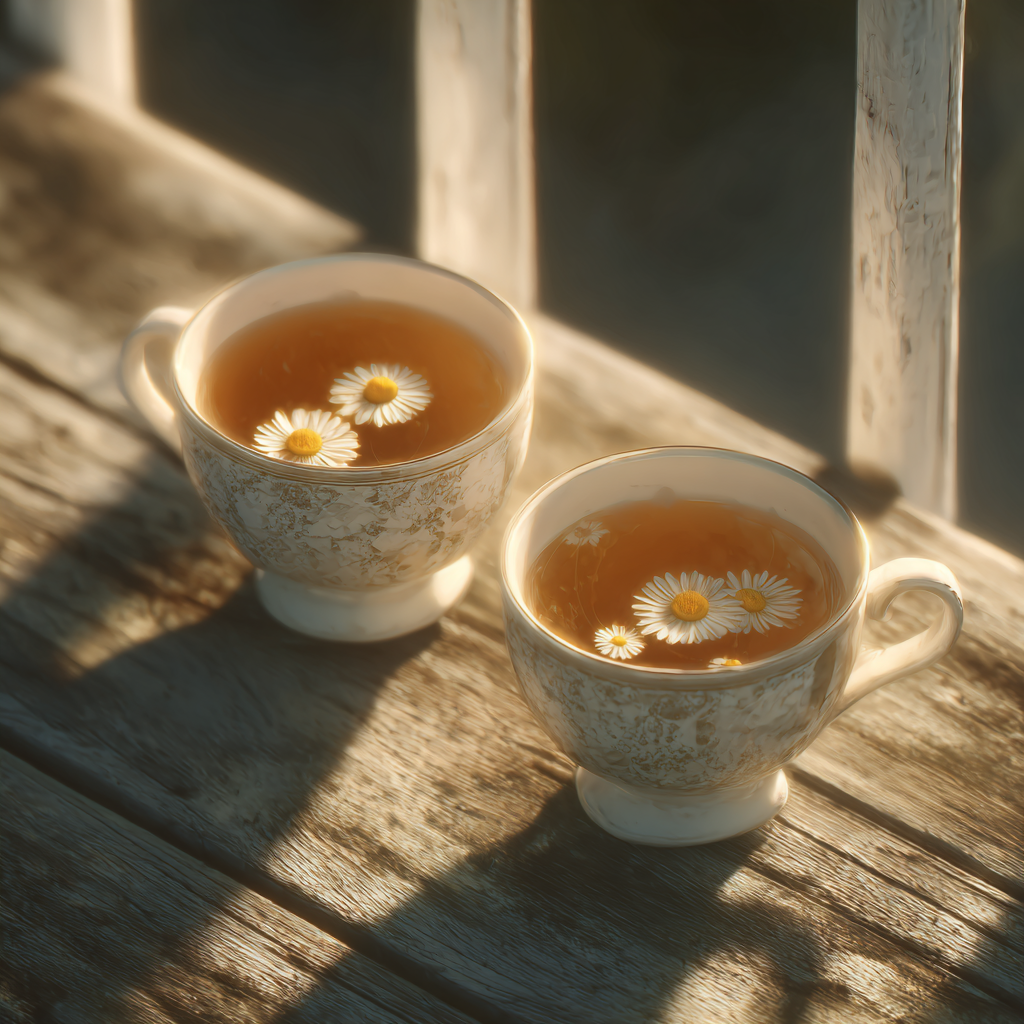 Deux tasses de thé à la camomille sur une surface en bois | Source : Midjourney