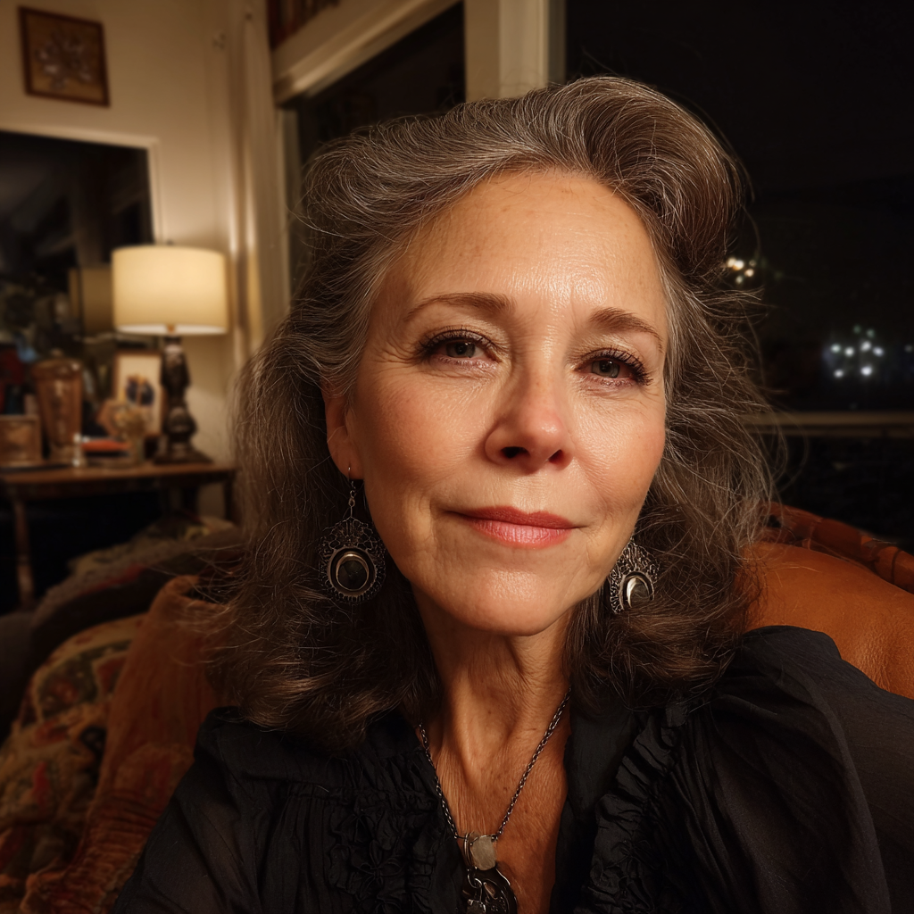 Une vieille femme souriante vêtue d'un chemisier noir | Source : Midjourney