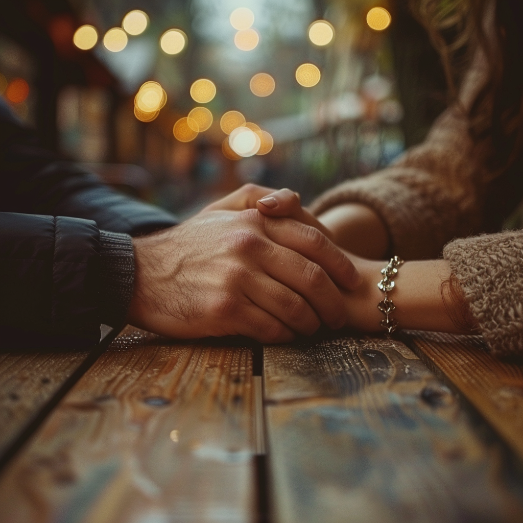 Un couple se tenant par la main sur une table | Source : Midjourney
