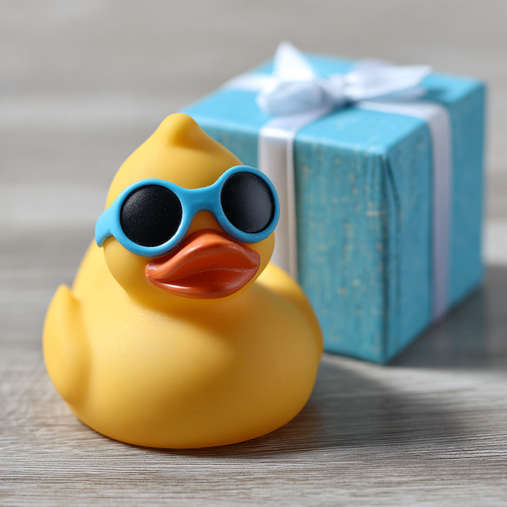 Un canard en caoutchouc sur une table à côté d'un paquet cadeau | Source : Midjourney
