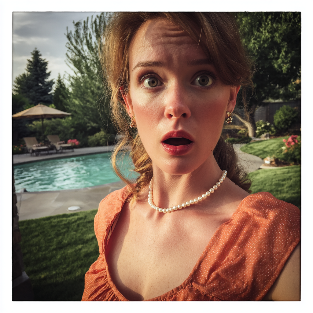 Une femme choquée portant une robe de lin orange foncé | Source : Midjourney