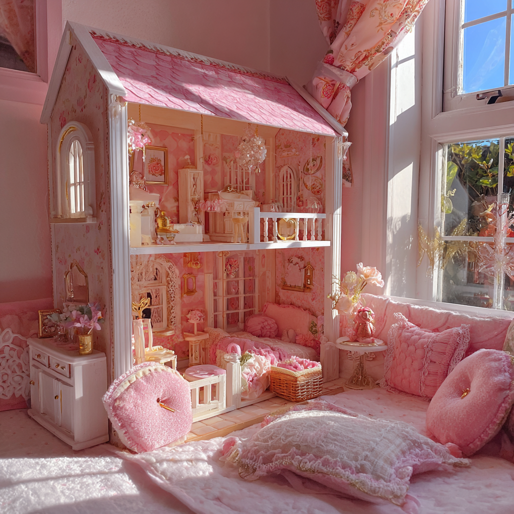 Une maison de poupée rose et blanche | Source : Midjourney