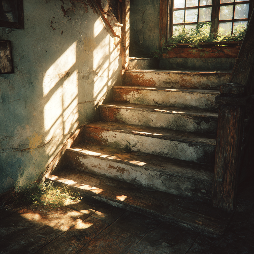 Les vieux escaliers d'une maison délabrée | Source : Midjourney