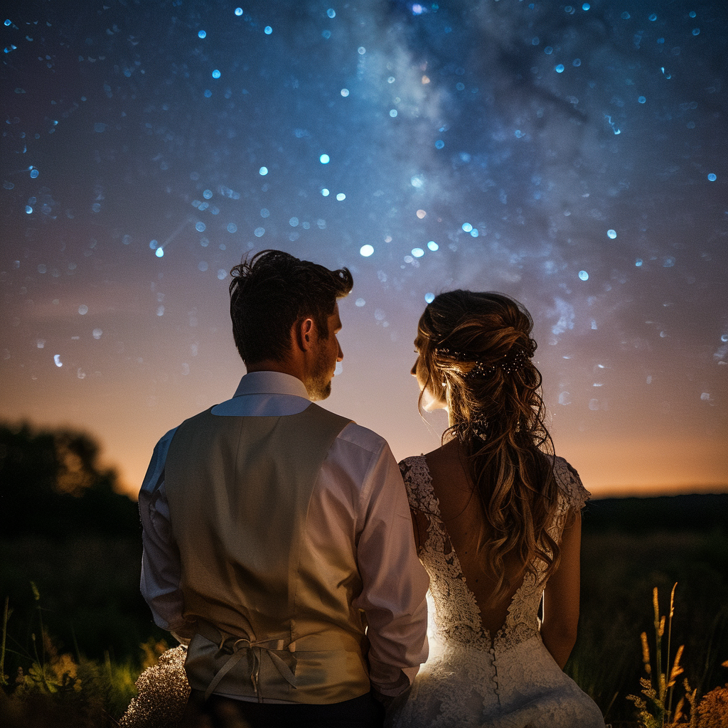 Une mariée et un marié assis sous le ciel étoilé la nuit | Source : Midjourney