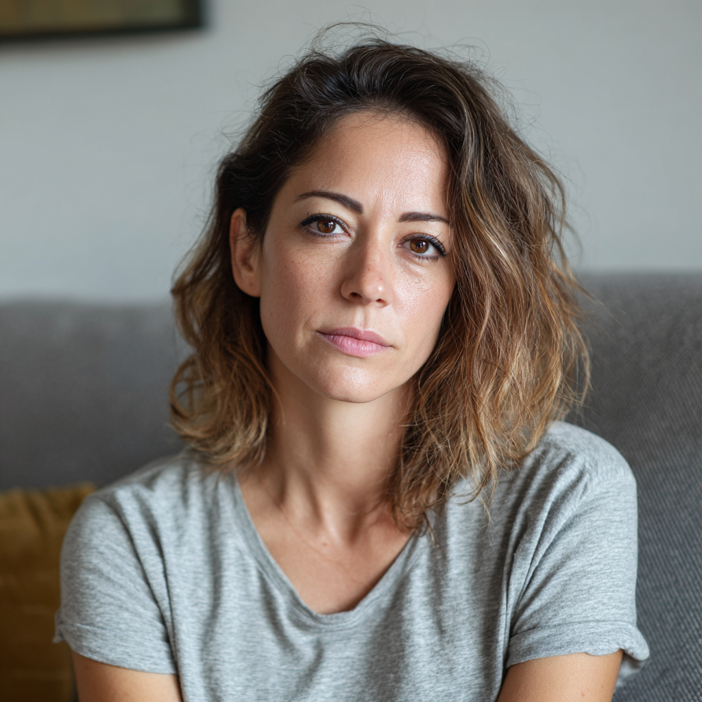Une femme pensive assise sur un canapé | Source : Midjourney