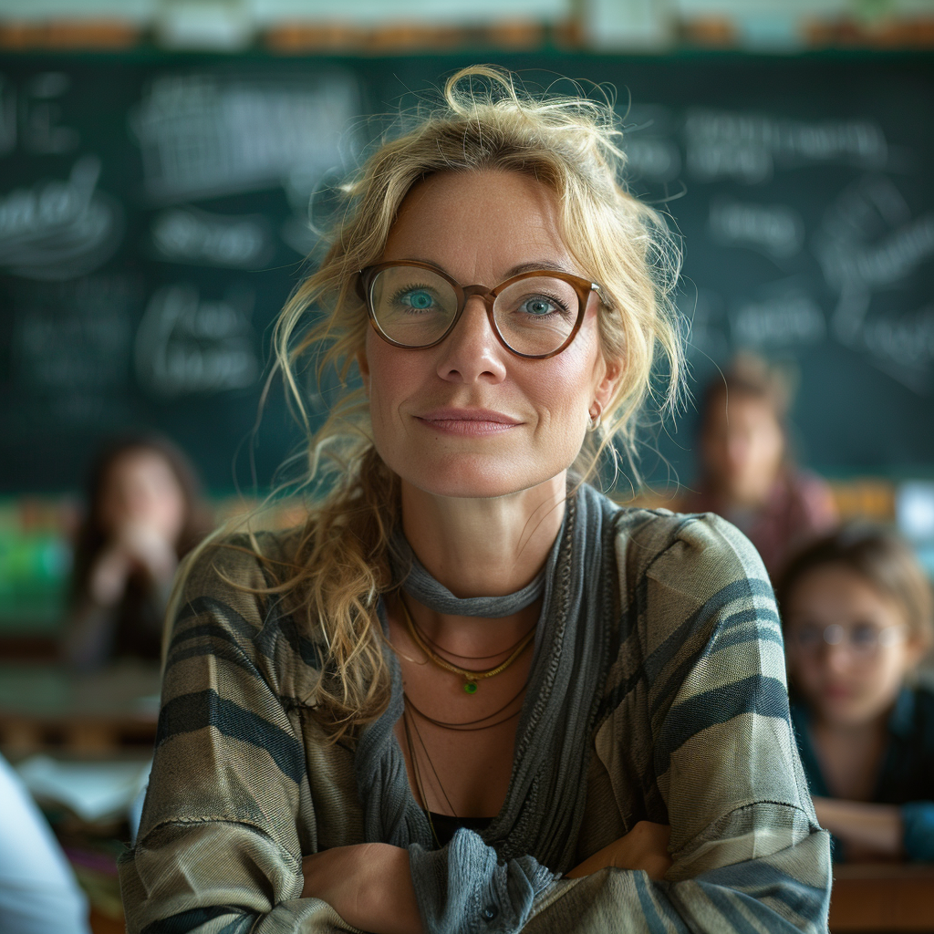 Une enseignante avec une expression sérieuse sur le visage | Source : Midjourney