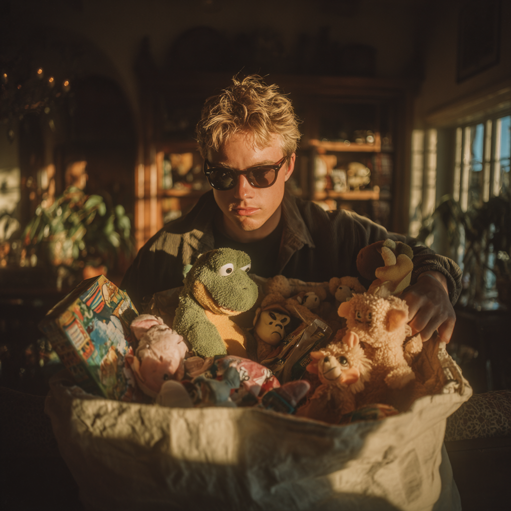 Un homme qui fourre des jouets dans un sac | Source : Midjourney