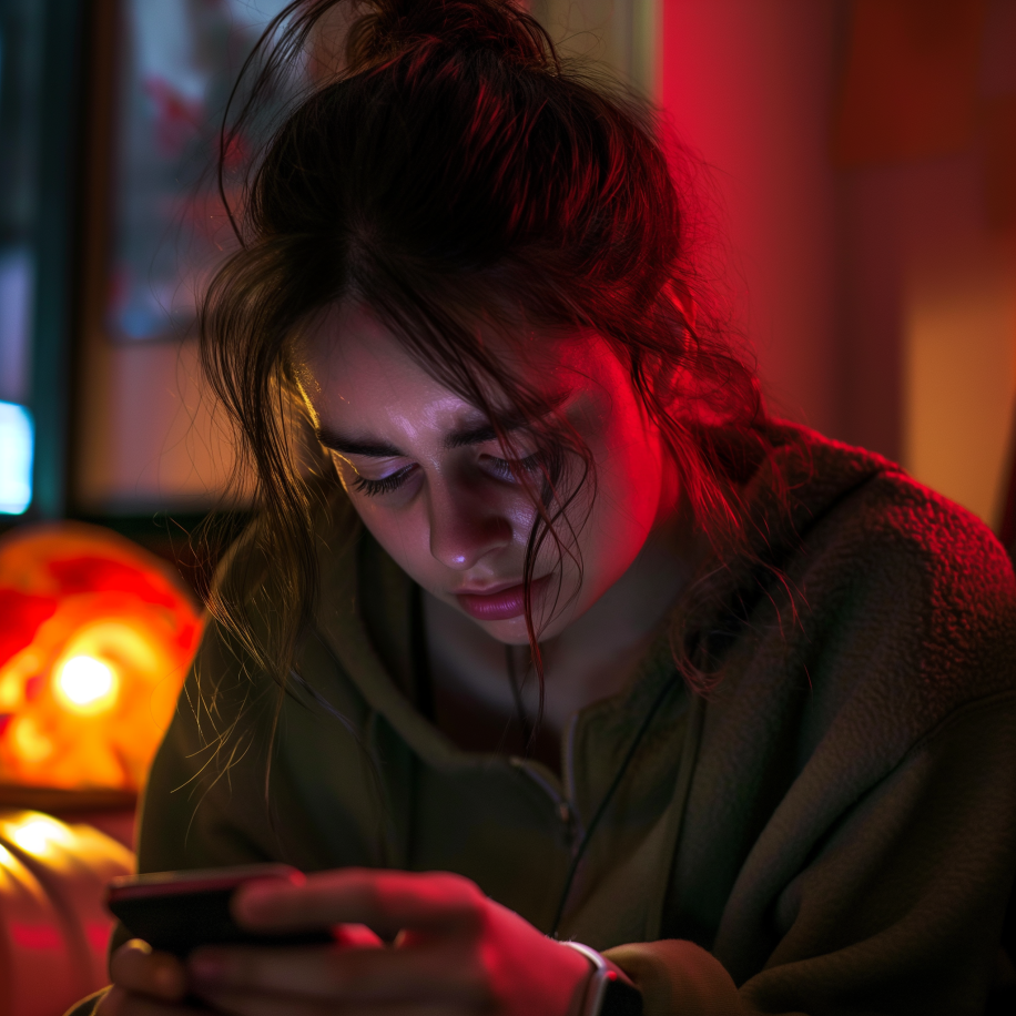 Une femme triste lisant un message texte sur son téléphone portable | Source : Midjourney