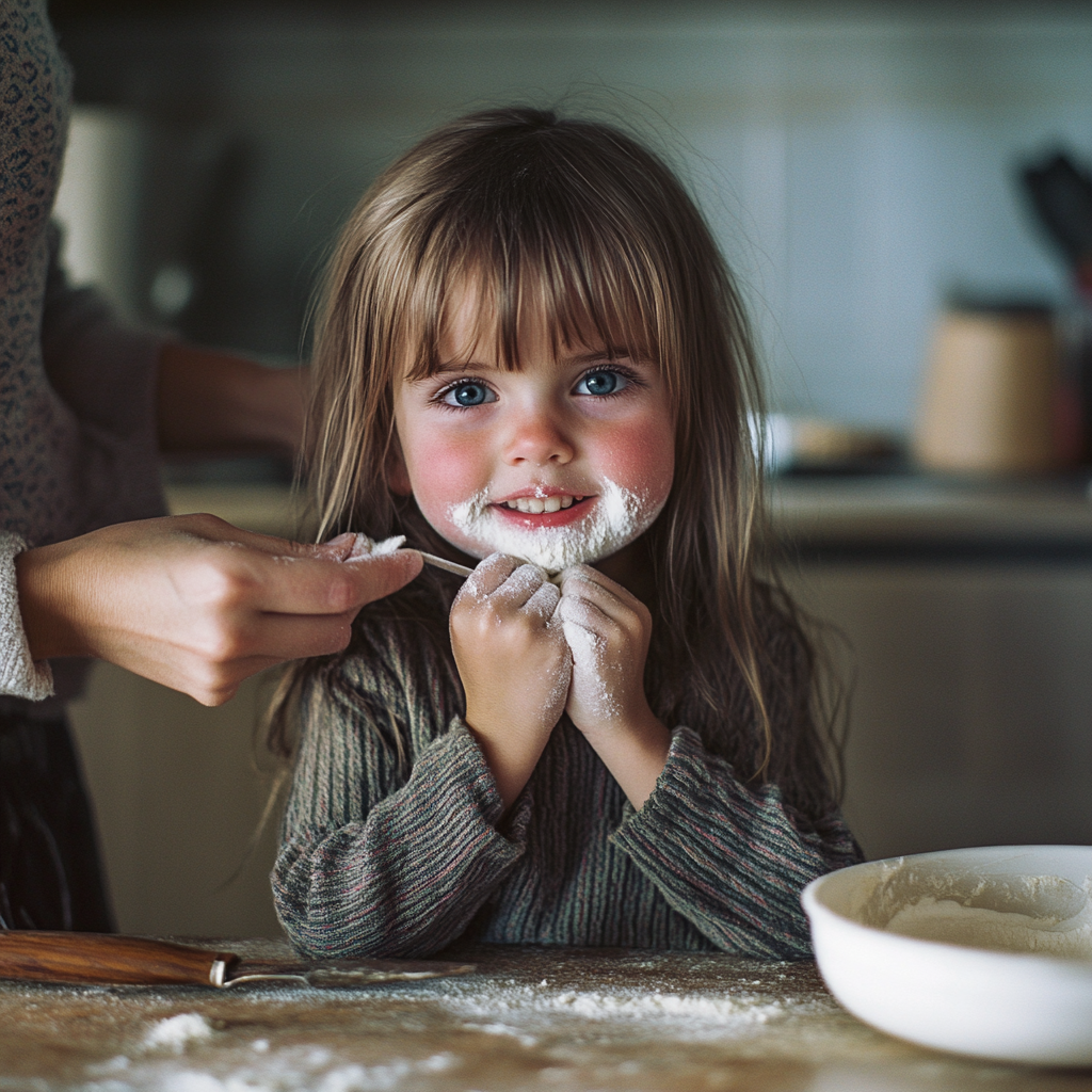 Une petite fille avec de la farine sur le visage | Source : Midjourney
