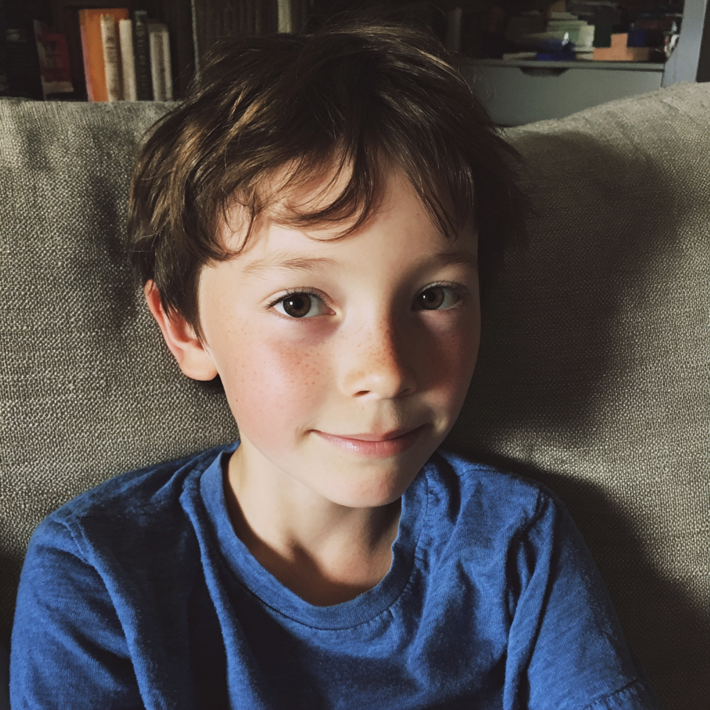 Un petit garçon souriant assis sur un canapé | Source : Midjourney
