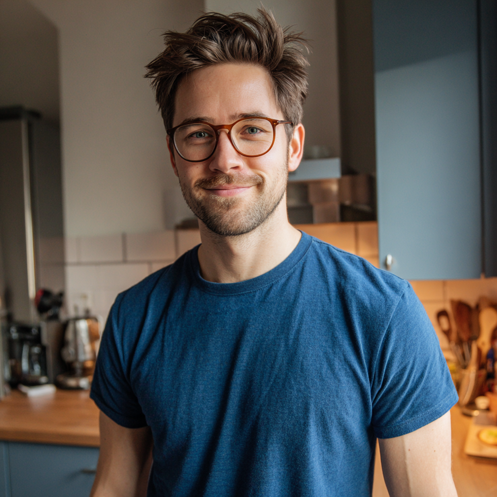 Un homme souriant debout dans une cuisine | Source : Midjourney