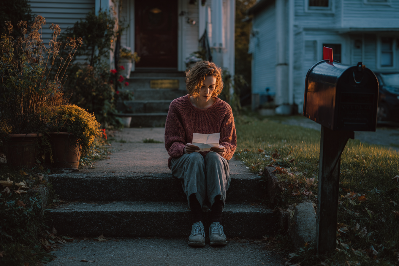 Une femme assise devant sa maison | Source : Midjourney