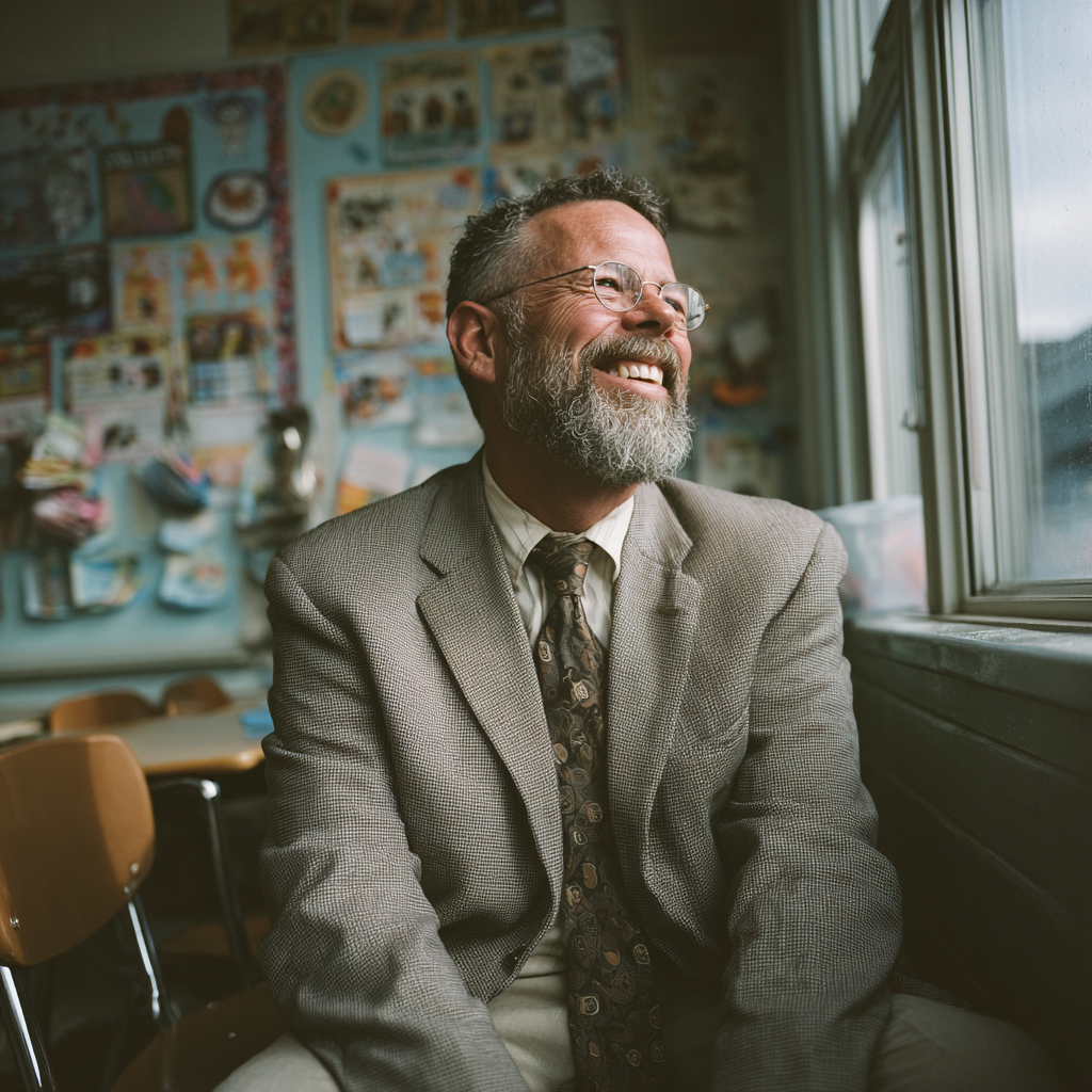 Un homme qui rit alors qu'il est assis sur une petite chaise | Source : Midjourney