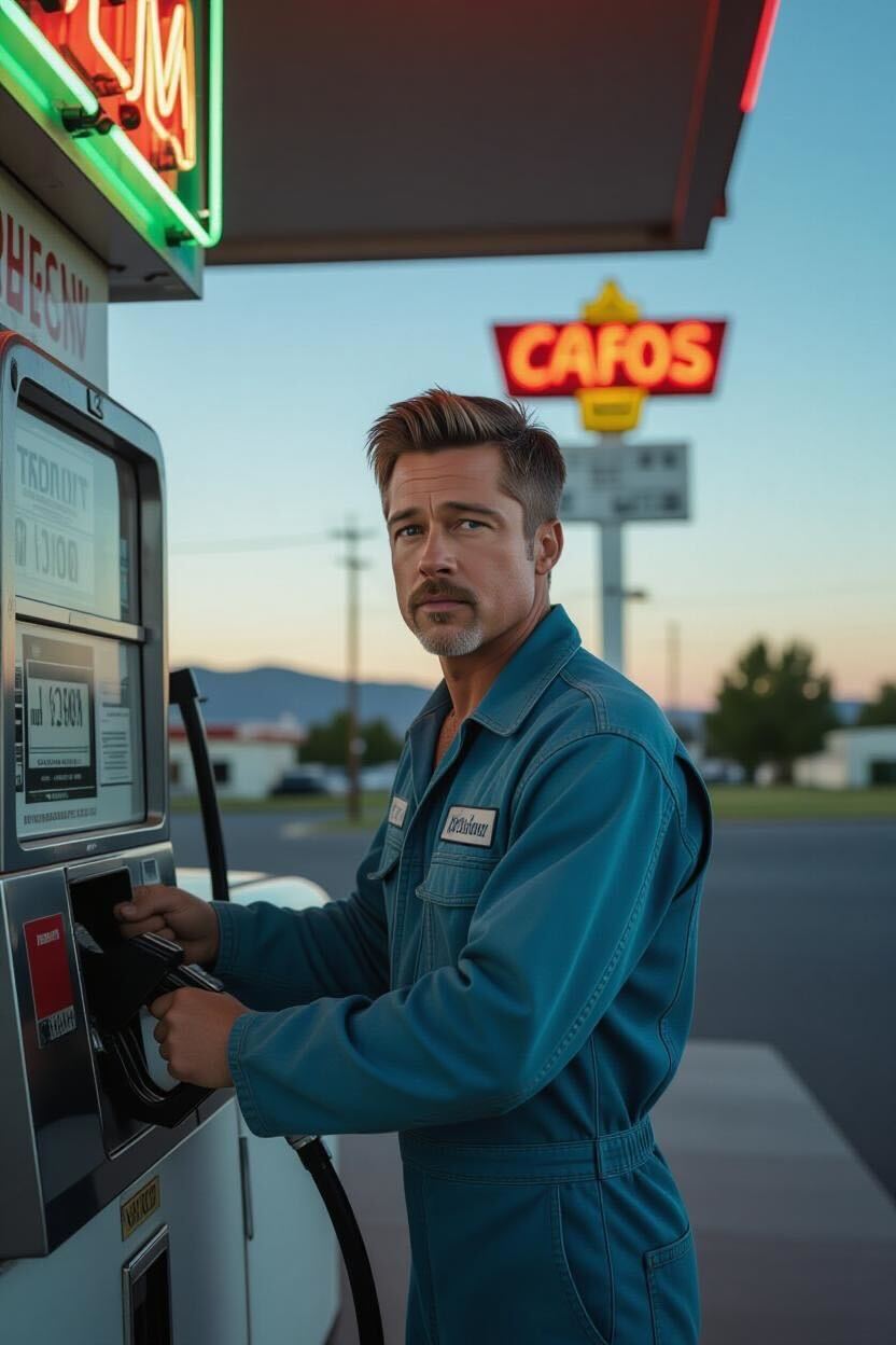 Une image générée par l'IA de Brad Pitt en employé de station-service | Source : Grok