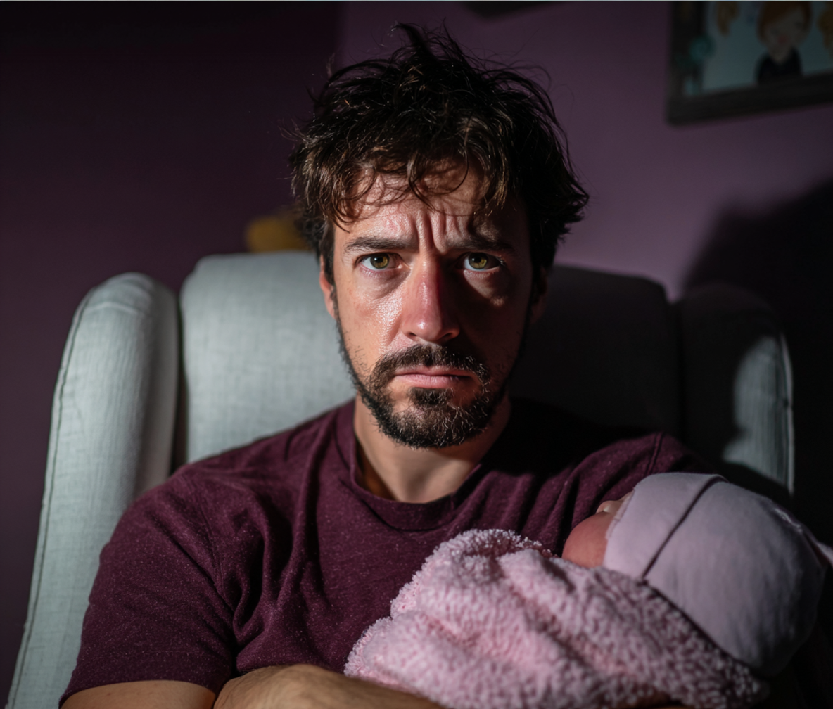 Un homme épuisé tenant un bébé | Source : Midjourney