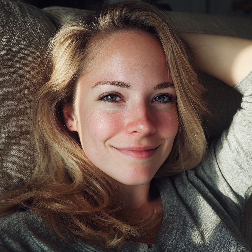 Une femme souriante allongée sur un canapé | Source : Midjourney