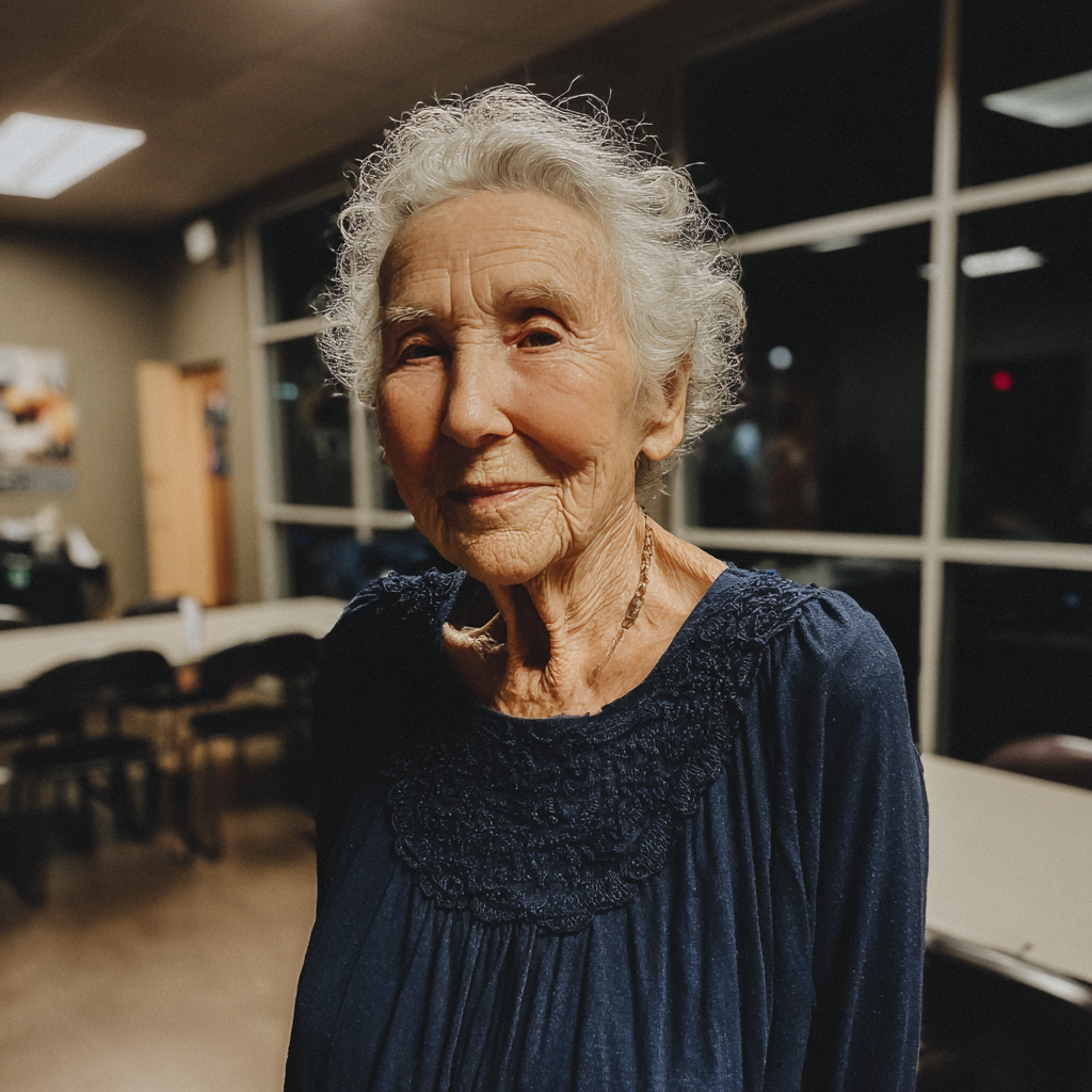 Une vieille femme souriante portant une robe bleue | Source : Midjourney