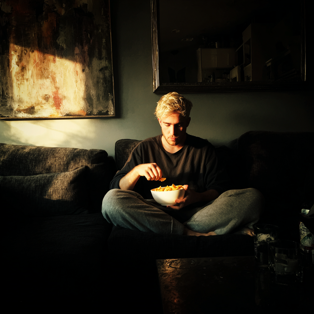 Un homme assis sur un canapé | Source : Midjourney