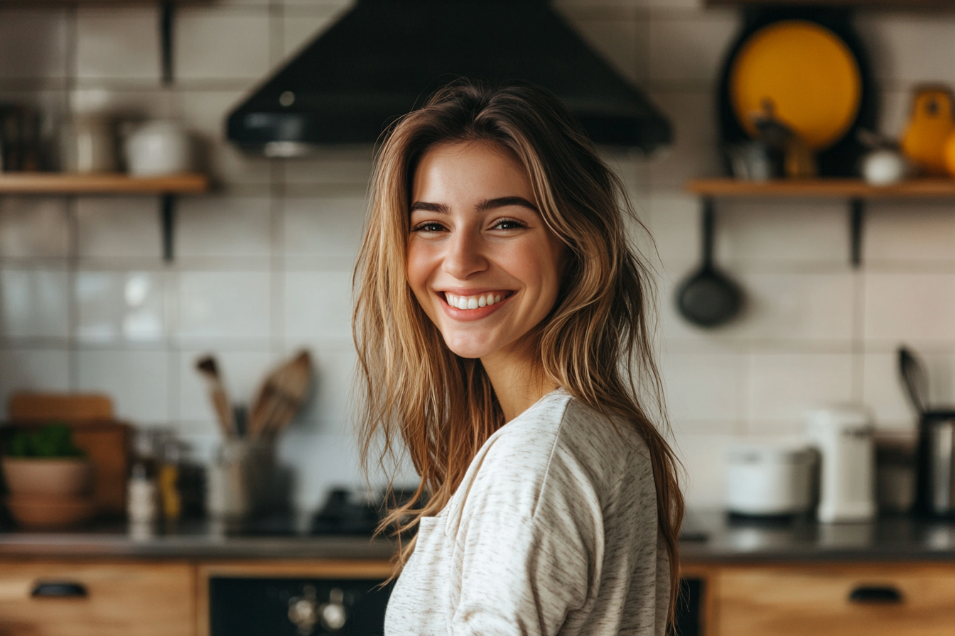 Une femme dans une cuisine qui sourit à quelqu'un | Source : Midjourney