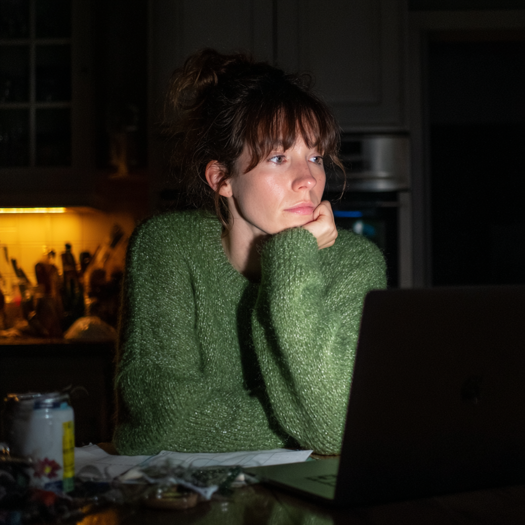 Une femme assise avec son ordinateur portable la nuit | Source : Midjourney